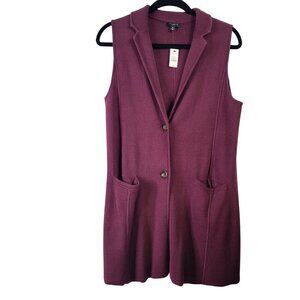 NWT Talbots Women Burgundy Sleeveless Collared Longline Cardigan Sweater Size MP